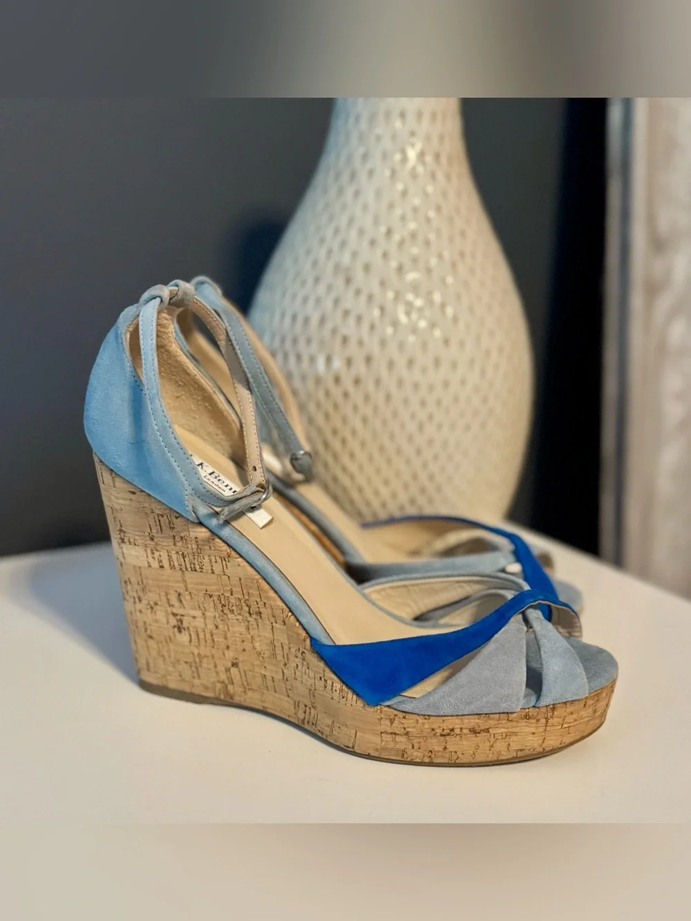 L.K. Bennett Suede Blue Strappy Wedge Sandal Shies. Brand New. Size 39.5 US 8
